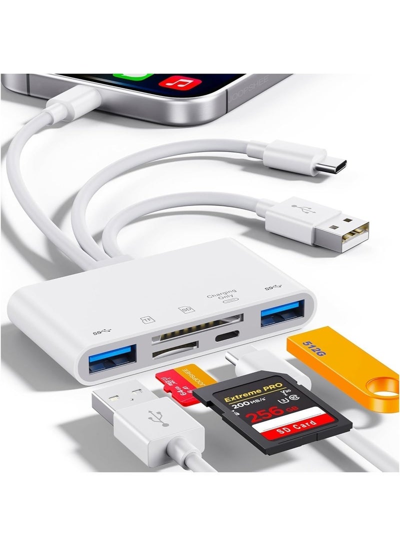 SD Card Reader 5-in-1 Memory Card Reader USB OTG Adapter & SD Card Reader for i-Phone/i-Pad, USB C and USB A Devices - Image 1